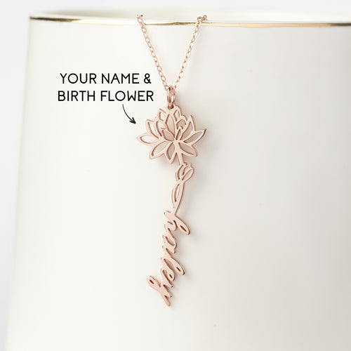 Birth Flower Name Necklace - 18k Gold Plated