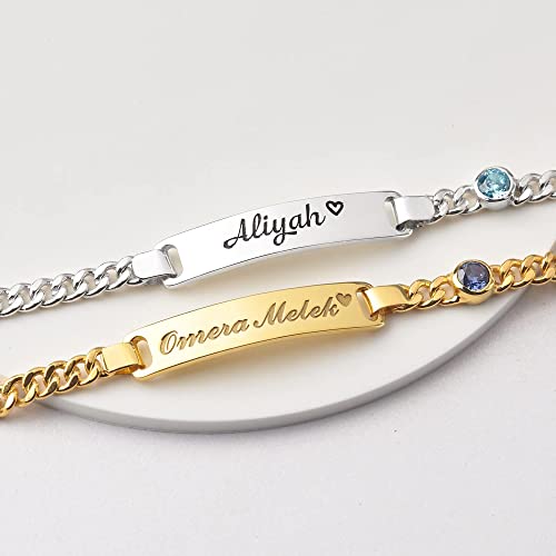 Kid Name Bracelet With Birthstone - 18k Gold Plated