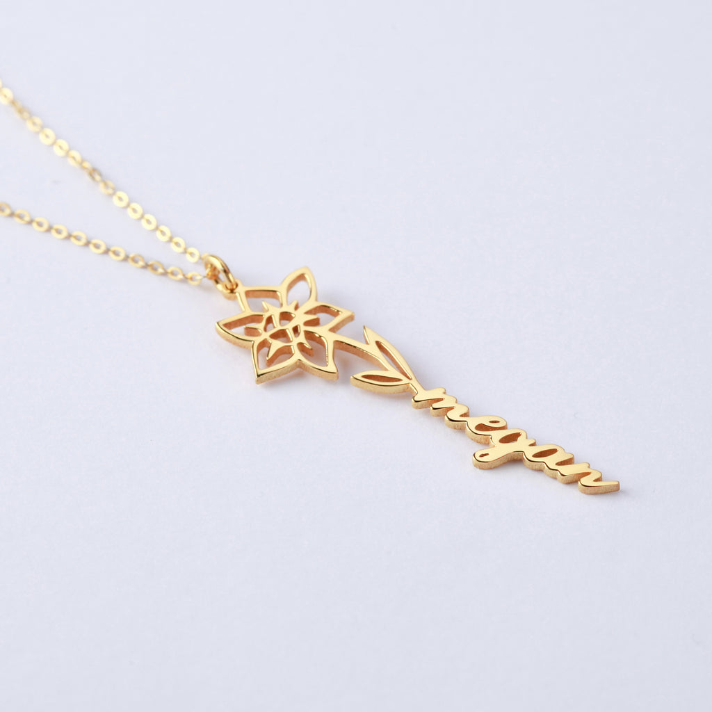 Birth Flower Name Necklace - 18k Gold Plated