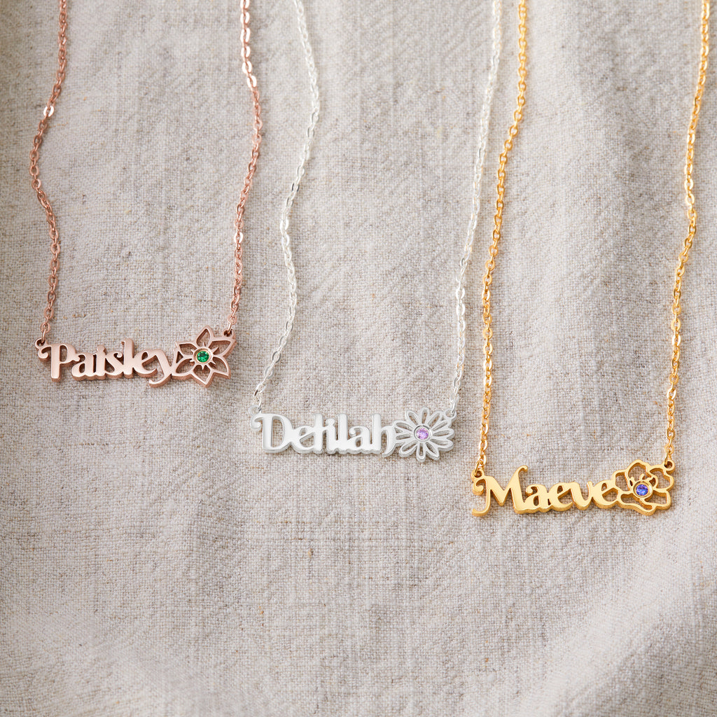 Birth Flower Name Necklace With Birthstone - 18k Gold Plated