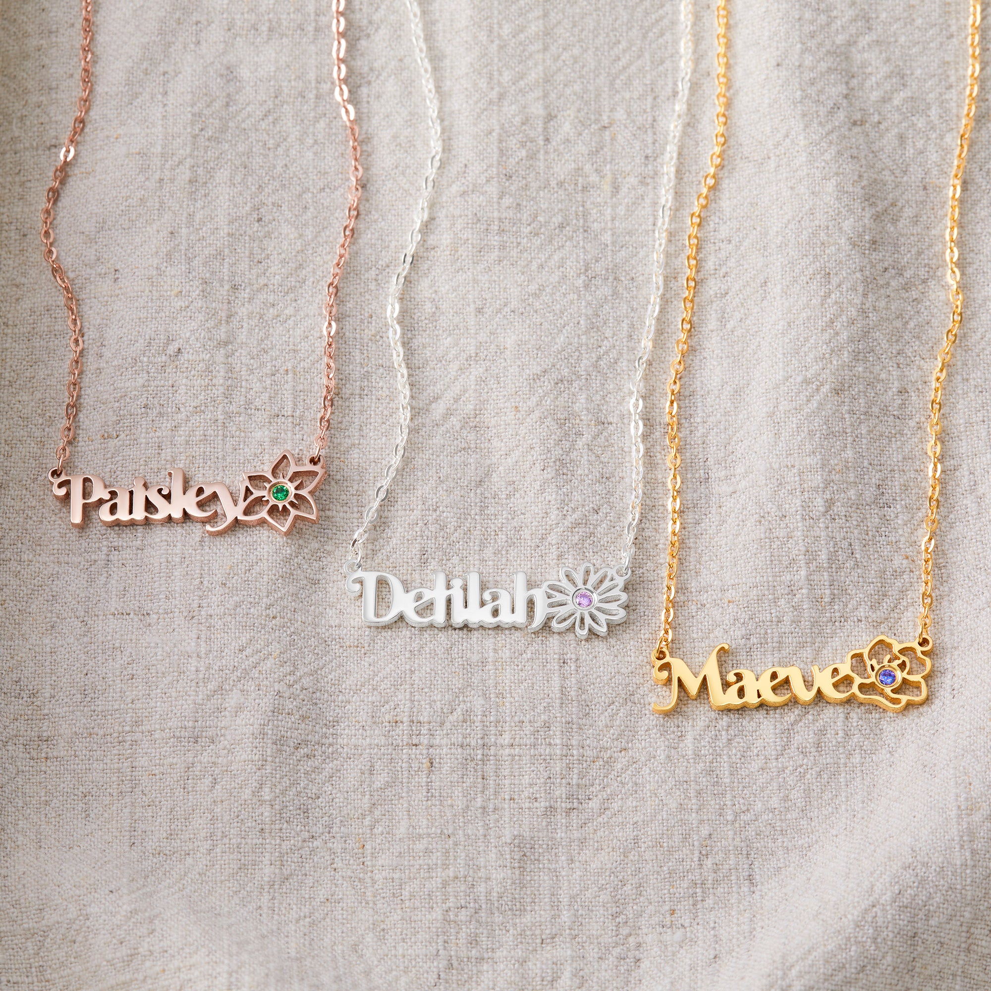 Birth Flower Name Necklace With Birthstone - 18k Gold Plated