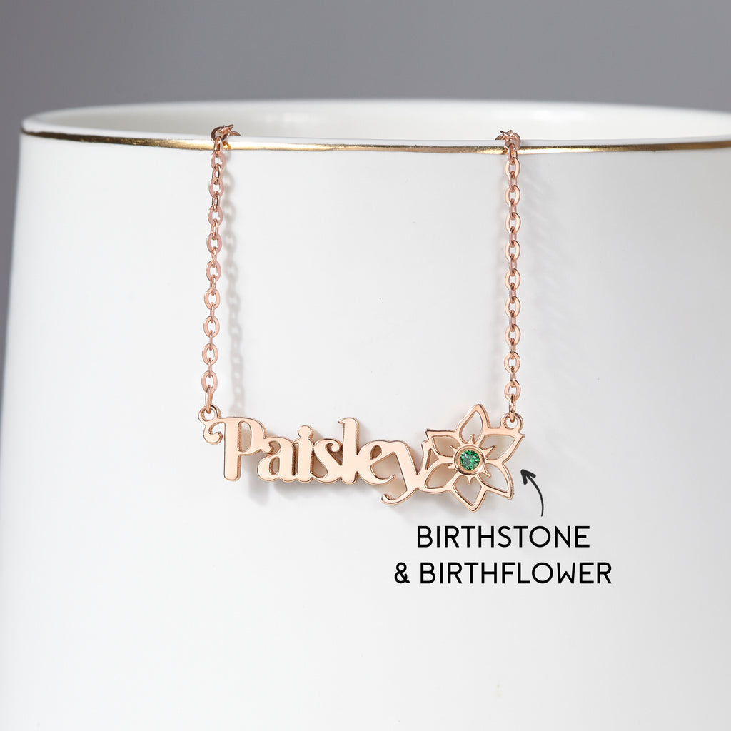 Birth Flower Name Necklace With Birthstone - 18k Gold Plated