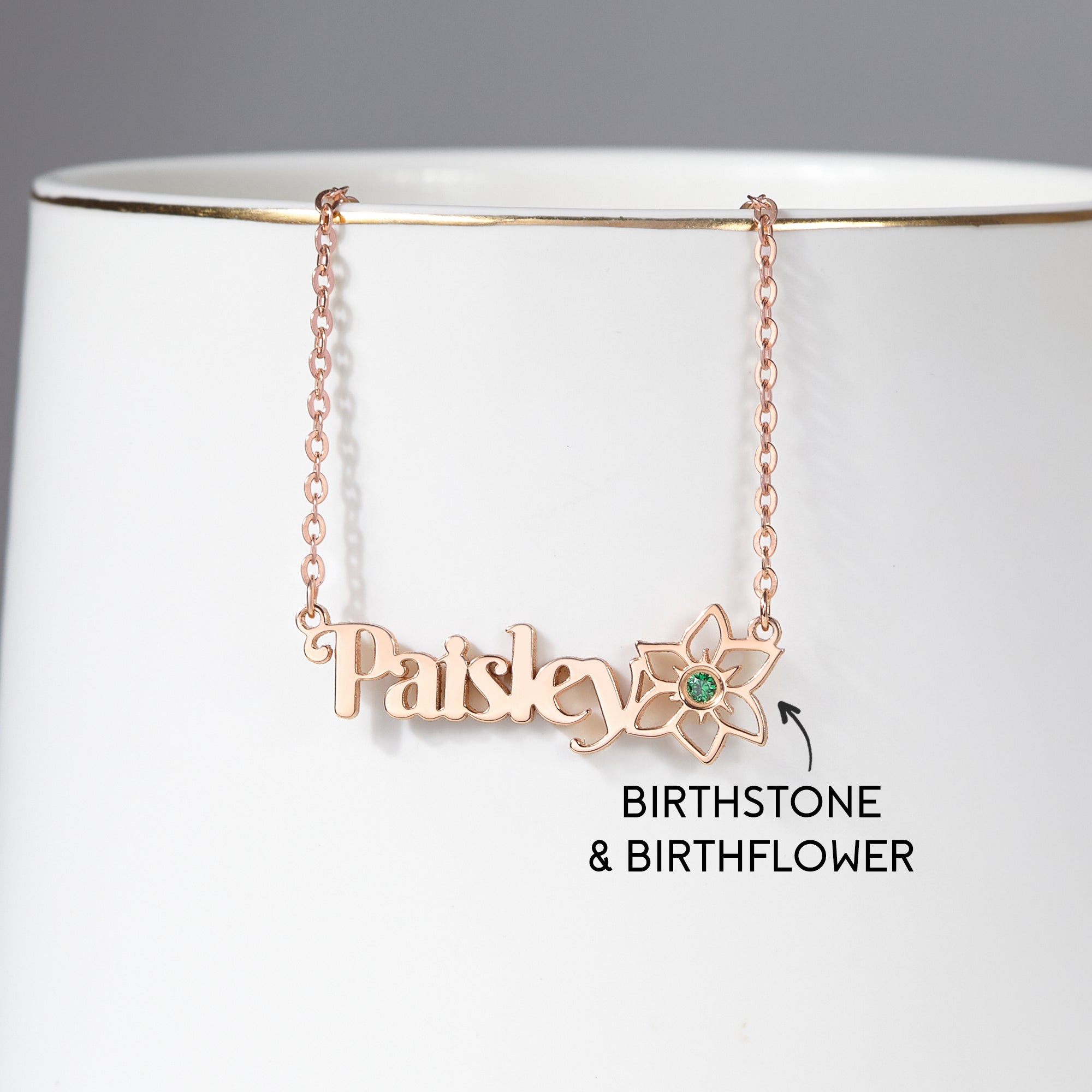Birth Flower Name Necklace With Birthstone - 18k Gold Plated
