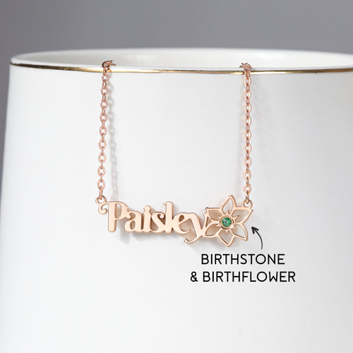 Birth Flower Name Necklace With Birthstone - 18k Gold Plated
