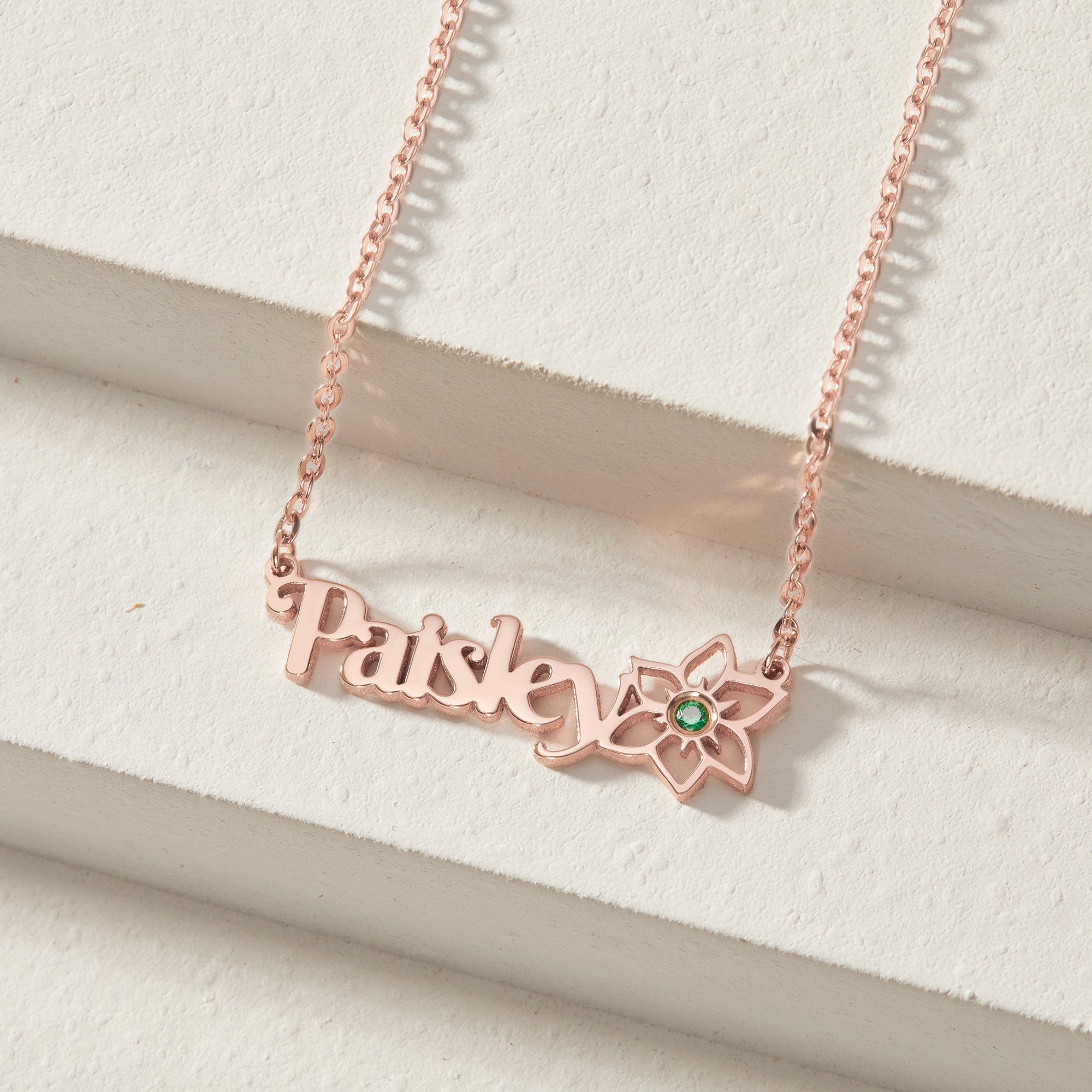 Birth Flower Name Necklace With Birthstone - 18k Gold Plated