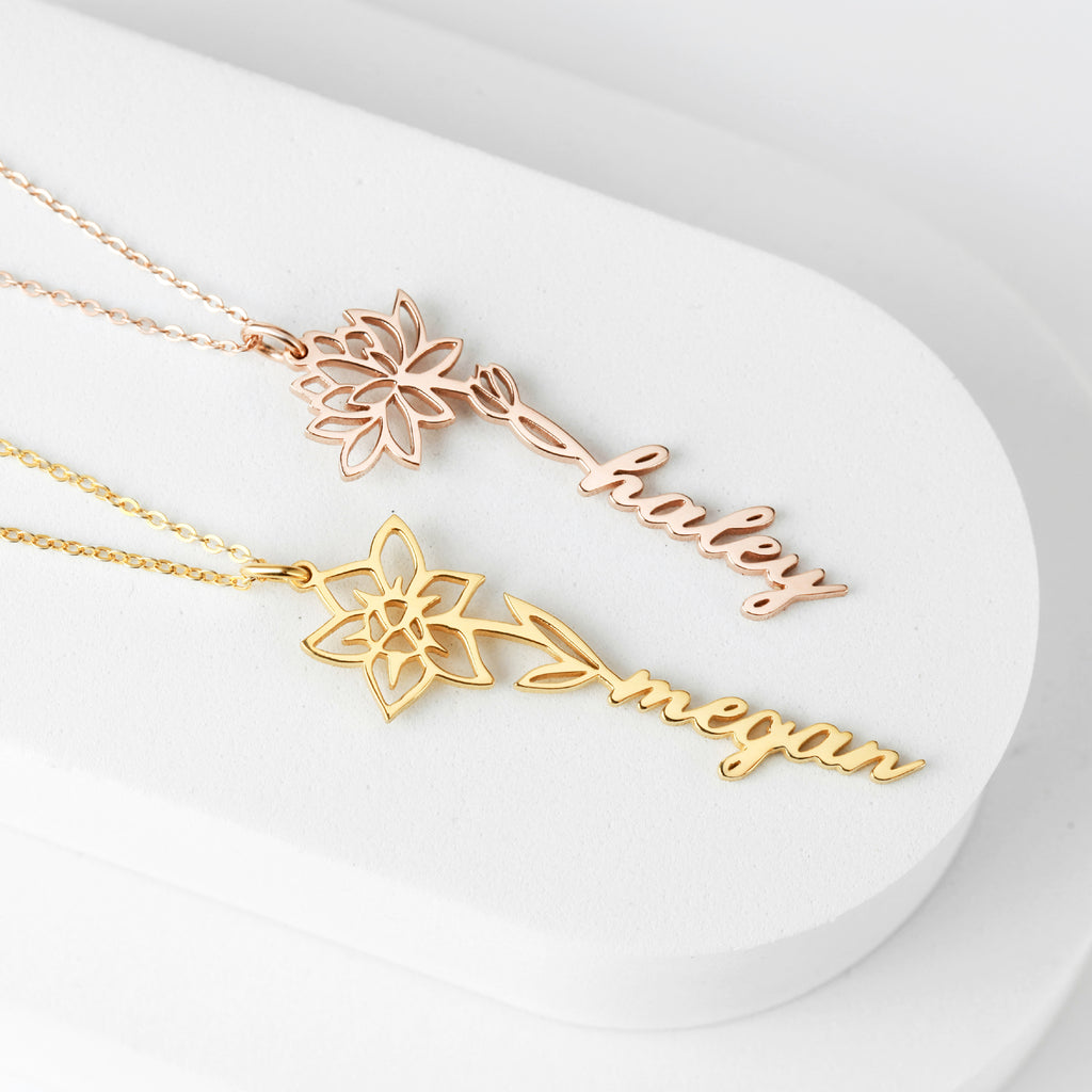 Birth Flower Name Necklace - 18k Gold Plated
