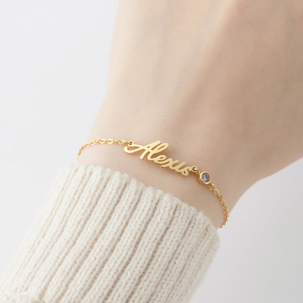 Name Bracelet With Birthstone - 18k Gold Plated