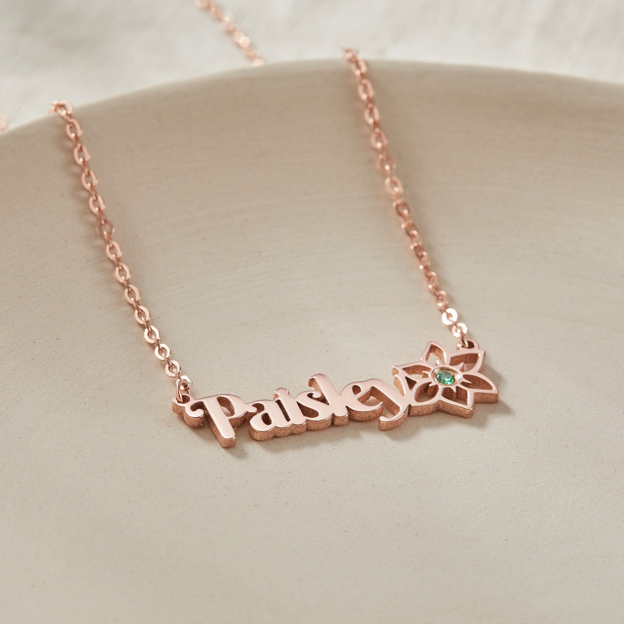 Birth Flower Name Necklace With Birthstone - 18k Gold Plated