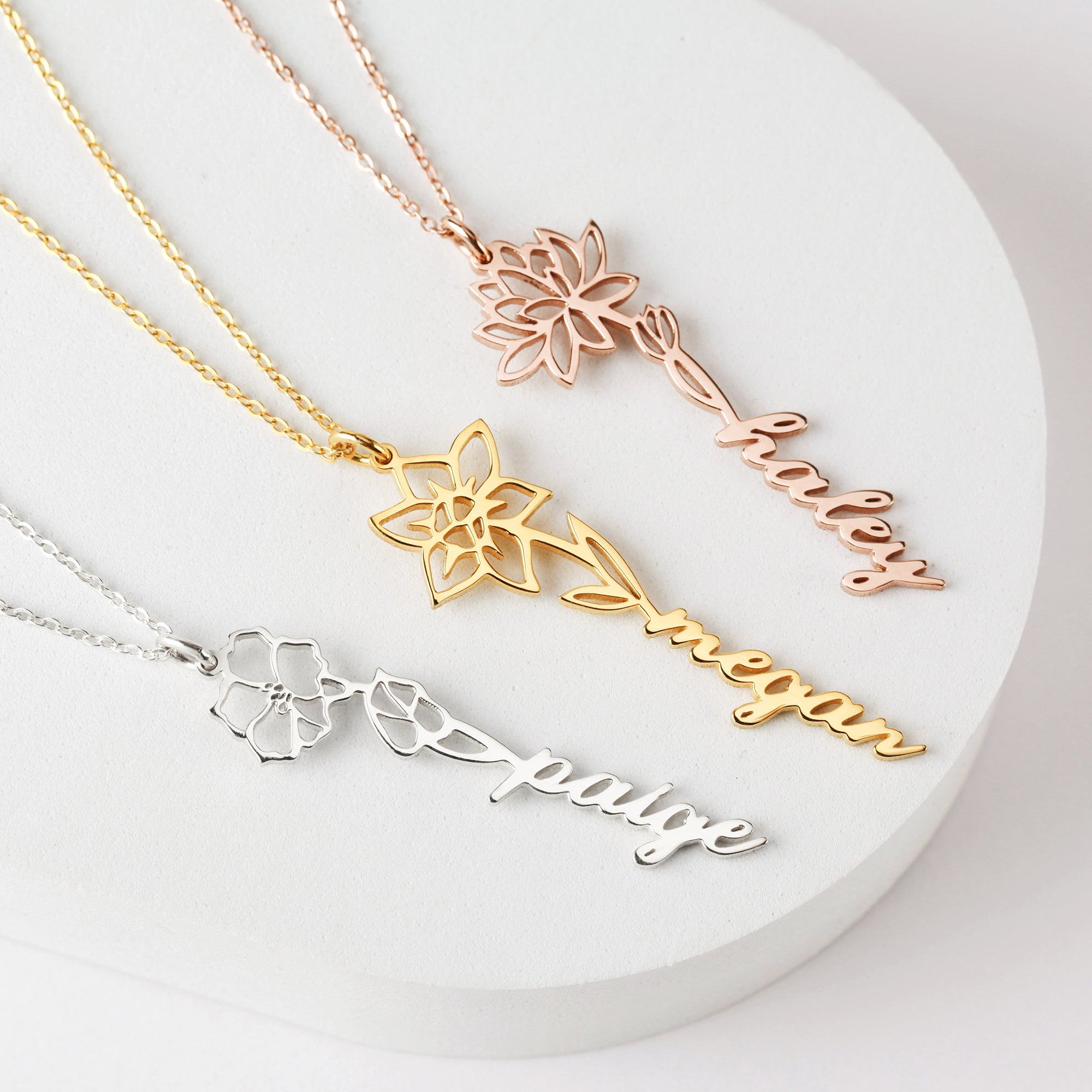Birth Flower Name Necklace - 18k Gold Plated