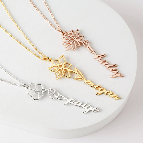Birth Flower Name Necklace - 18k Gold Plated