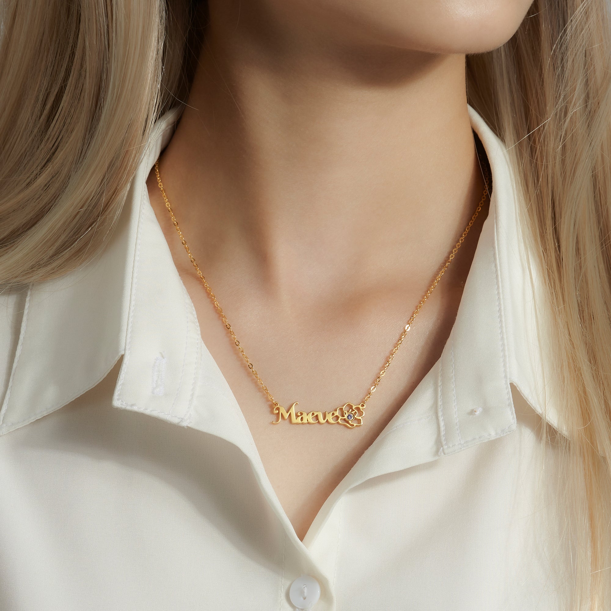Birth Flower Name Necklace With Birthstone - 18k Gold Plated